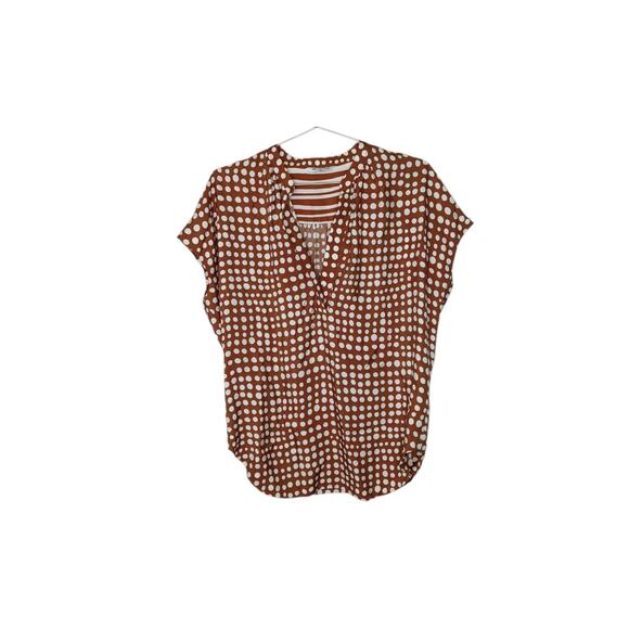 Loro Piana 100% Silk Polka Dot Blouse Rust White Dot Print Italy Size 42 - Picture 2 of 10